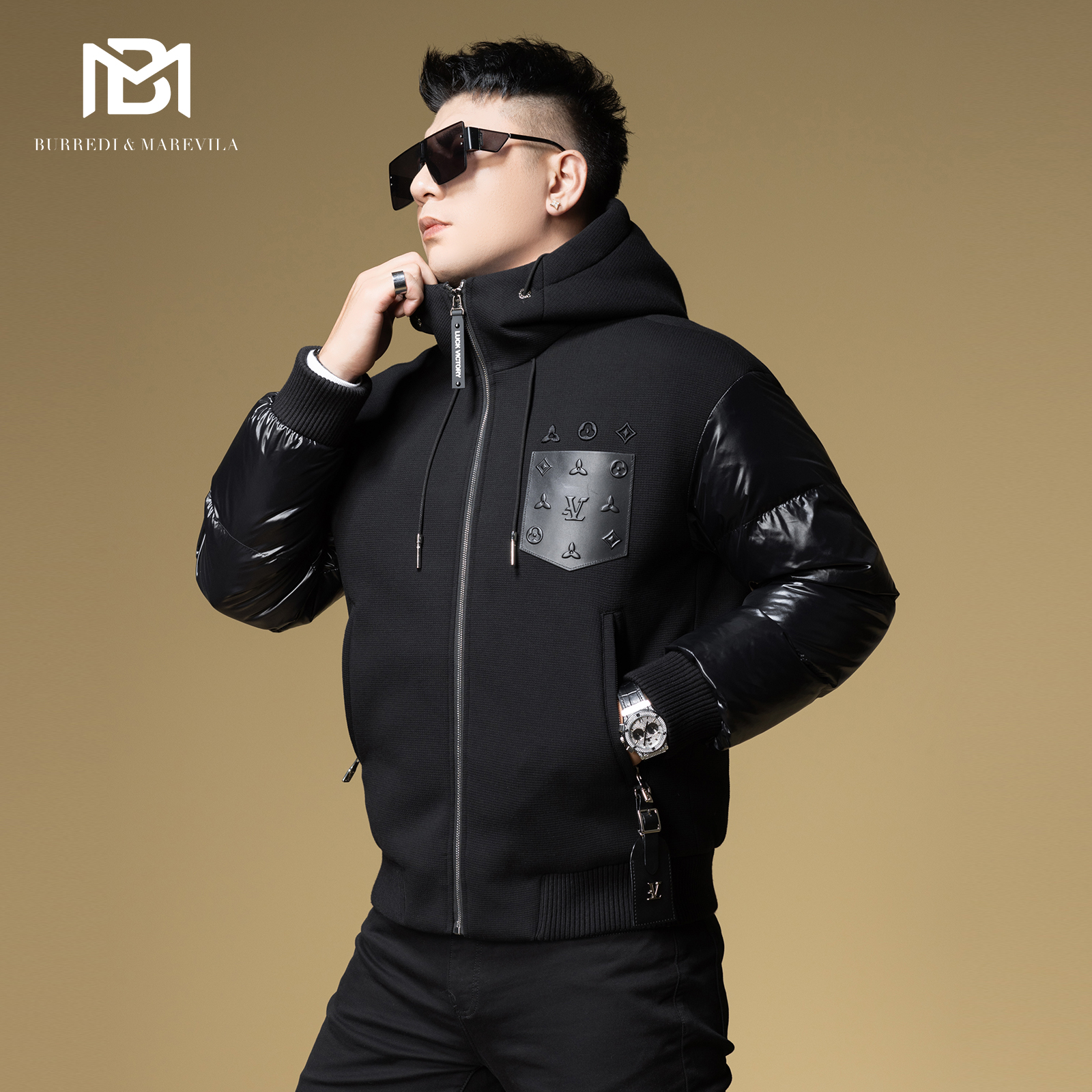 BM欧货高端羽绒服男2024新款拼接连帽保暖男款冬季外套口袋装饰潮