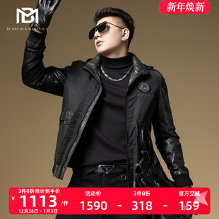 BM机车真皮皮衣男2023新款 皮夹克加厚 潮流烫钻徽章墨绿色拼接男士