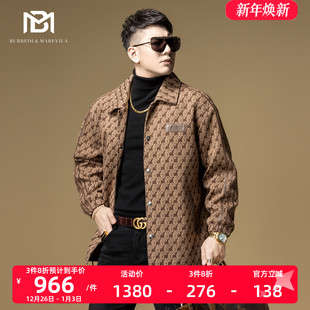 潮牌满花真皮拼接条纹男士 夹克外套男秋冬款 上衣 式 BM高端系列衬衫