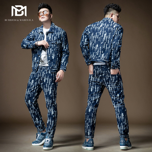 男潮牌休闲潮流百搭帅气欧美街头 炸街套装 BM男士 破洞牛仔外套时尚