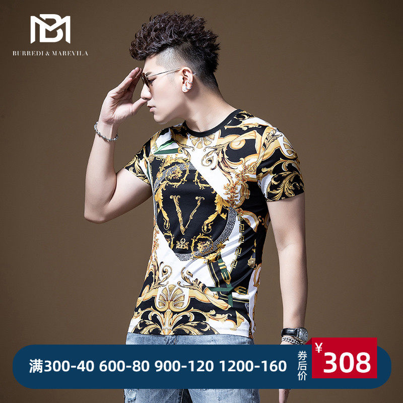 BM男士圆领印花狮子头衣服丝光棉t恤男短袖潮牌个性时尚欧美潮流
