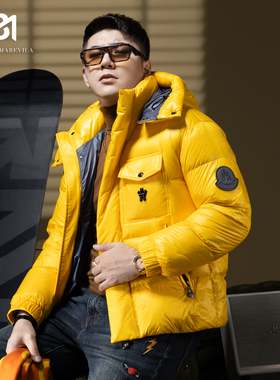 BM黄色羽绒服男款冬季2024新款美式潮牌徽章连帽加厚休闲保暖外套
