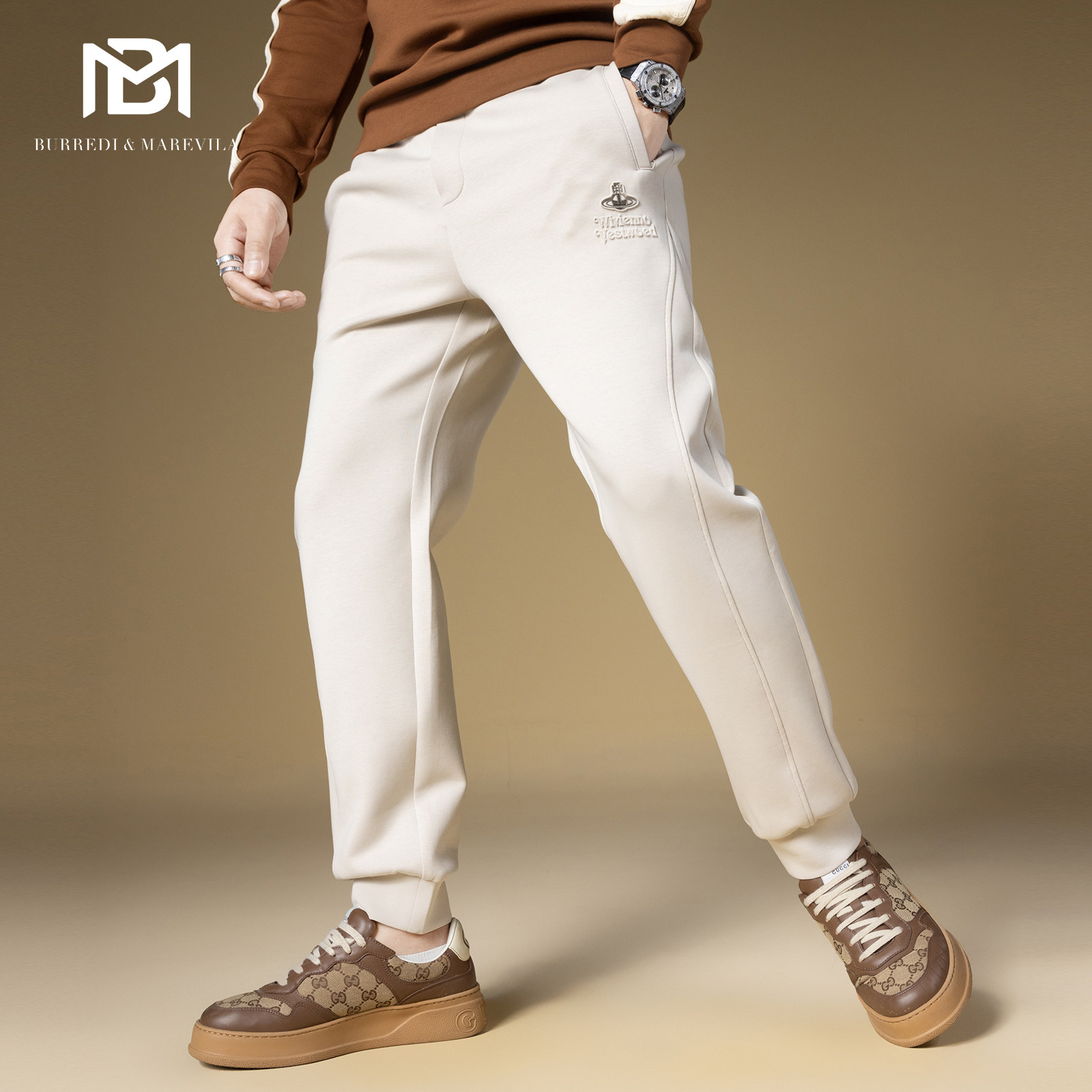 BM美式高街裤子男休闲裤潮牌星球徽章束脚运动卫裤男2024新款春秋