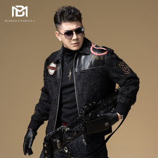大衣潮牌刺绣秋冬 真皮拼接机车短款 BM美式 复古夹克外套男2025新款