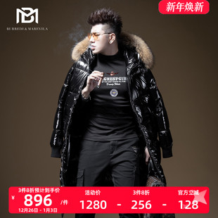 潮牌徽章中长款 2024新款 连帽毛领亮面保暖外套黑 羽绒服冬季 BM男士