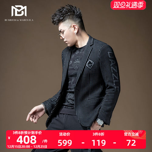 BM男士黑桃印花条纹西装暴徒男雅痞西服休闲外套港风复古韩版潮流