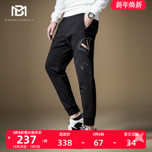 休闲束脚运动裤 男士 秋 子男欧美潮牌字母刺绣黑色重磅卫裤 BM高街裤