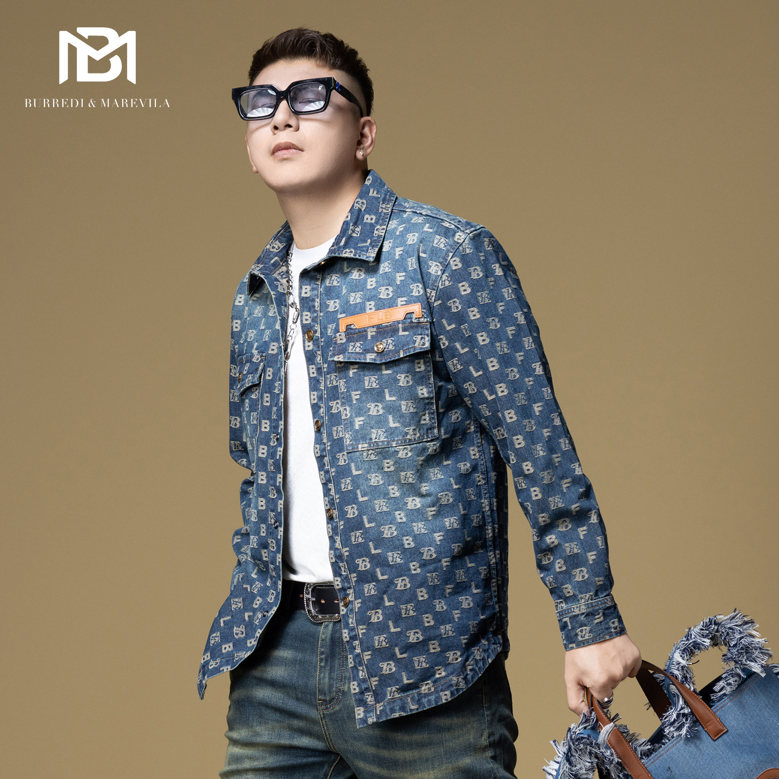 BM潮牌字母满花牛仔衬衫男高级感痞帅外套欧美街头休闲长袖衬衣秋