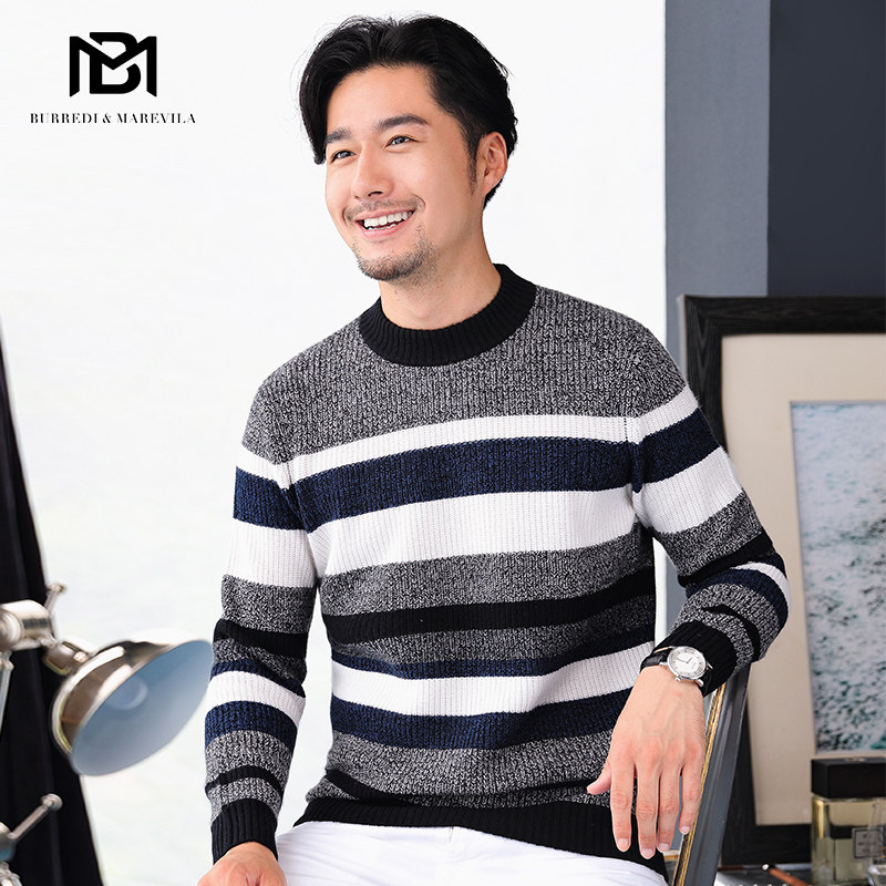 BM撞色毛衣男宽松条纹圆领线衣男士修身针织羊绒衫潮流薄款秋冬季