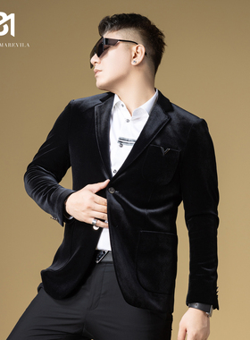 BM黑色醋酸缎面西装外套男高级感男士休闲西服2024新款结婚礼服潮