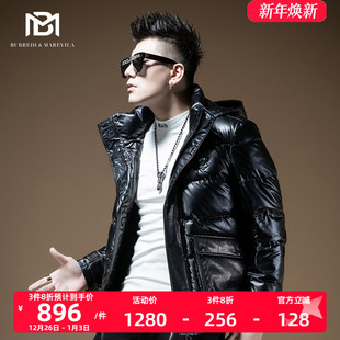 保暖外套 冬季 BM复古皮衣拼接亮面羽绒服男潮流牌帅气时尚 高端男士