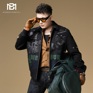 BM西部牛仔羊毛夹克外套男2025新款 大衣冬 潮牌真皮烫钻棒球服男款
