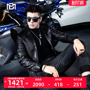 BM男士 领休闲帅气港风 复古山羊软皮衣男真皮机车潮流夹克外套西装