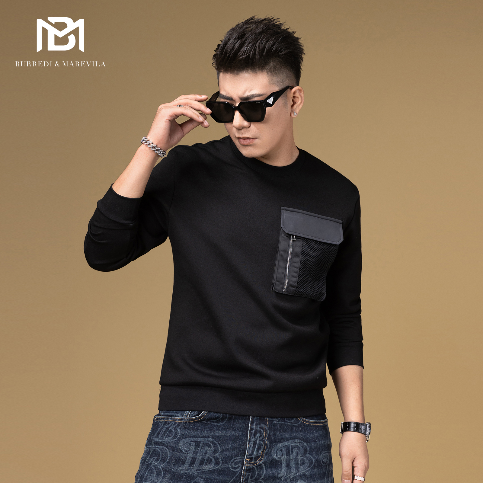 BM美式潮牌拉链拼接口袋卫衣