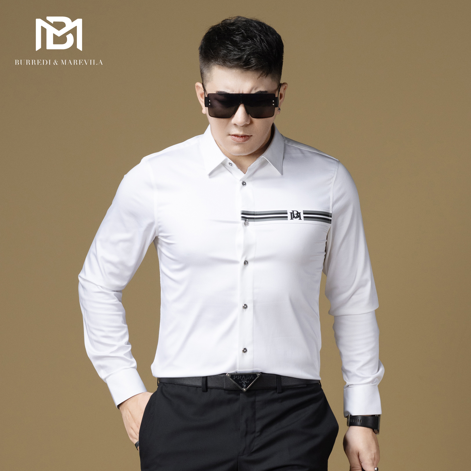 BM男士衬衫长袖2024新款时尚条纹商务休闲白色衬衣男高级感正装潮