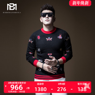 修身 BM男士 个性 昆虫刺绣半高领毛衣男ins港风潮流韩版 针织羊绒衫