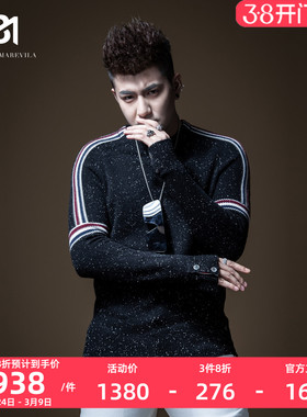 BM男士纯羊绒衫撞色条纹提花黑色毛衣男韩版潮流个性套头圆领秋冬