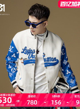 BM潮牌刺绣美式复古棒球服男款羊毛高端夹克男士上衣2024新款春季