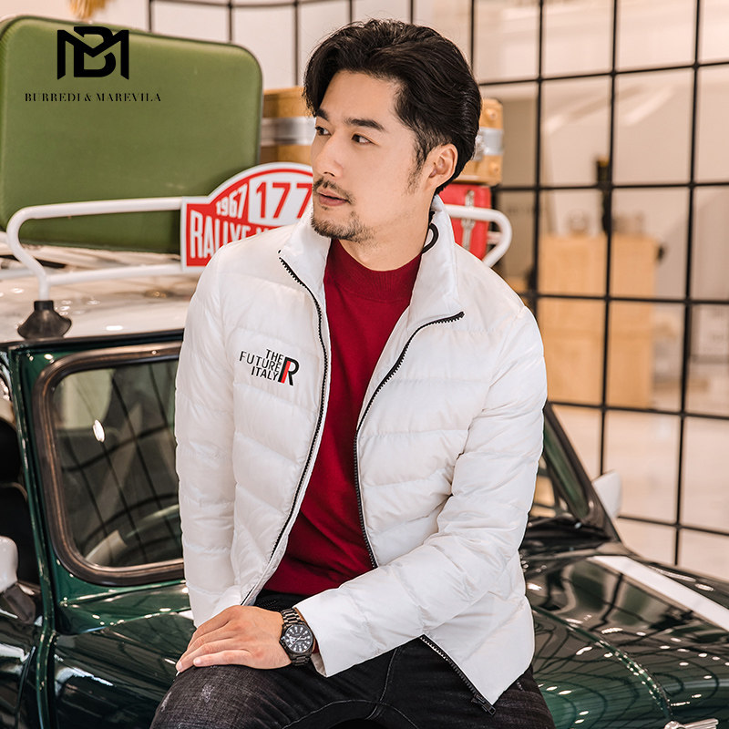 BM字母印花羽绒服男新款时尚加厚韩版修身潮纯色短款冬季休闲外套