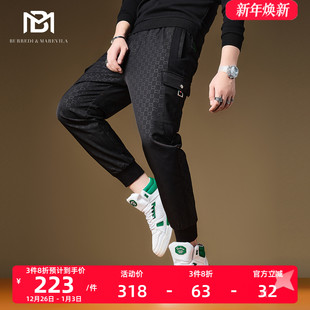 秋冬款 2022新款 暗纹潮牌痞帅工装 裤 子 BM欧货男士 男黑色休闲裤 卫裤
