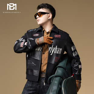 BM真皮拼接机车夹克外套男2025新款 秋冬 潮牌刺绣字母毛呢大衣男款