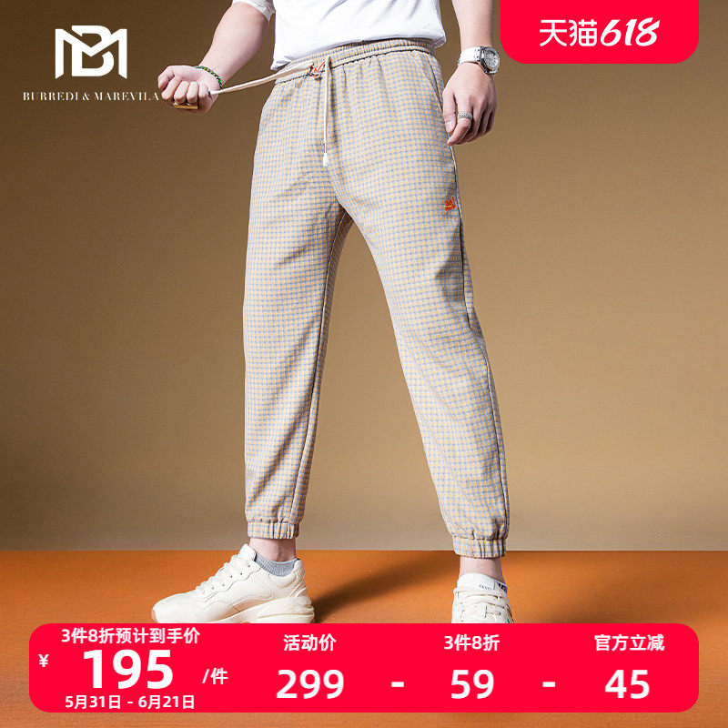 BM男士2022新款格子裤子潮牌男休闲裤刺绣卫裤英伦雅痞风男装春季