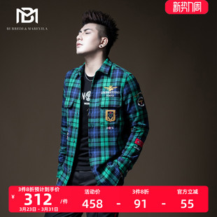 韩版 BM男士 修身 男慵懒风长袖 帅气潮牌纯棉秋 刺绣复古格子磨毛衬衫