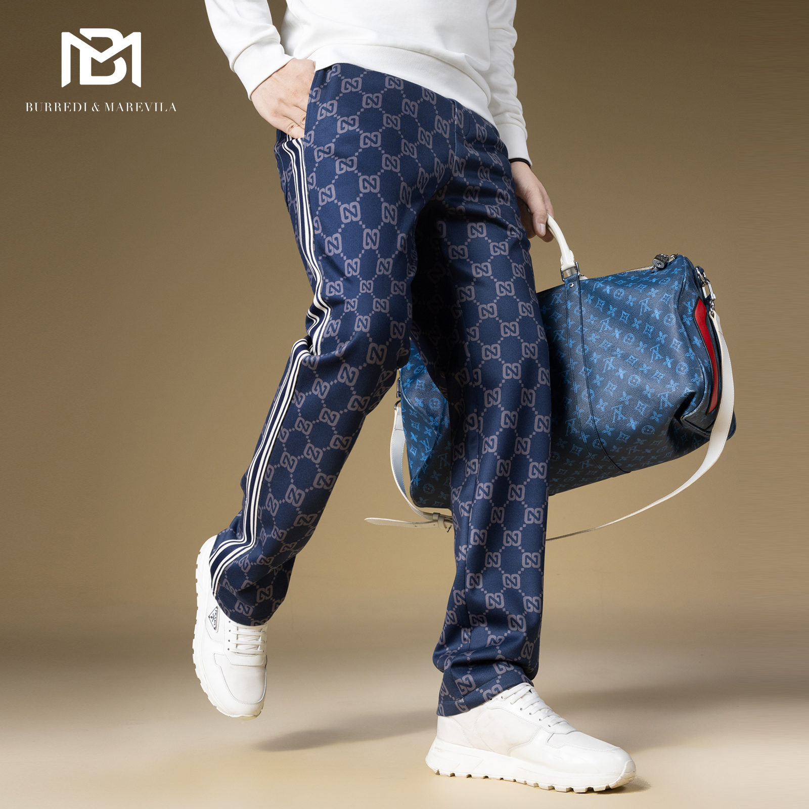 BM高端欧货潮牌男裤子侧边条纹运动休闲裤男2024新款字母印花卫裤