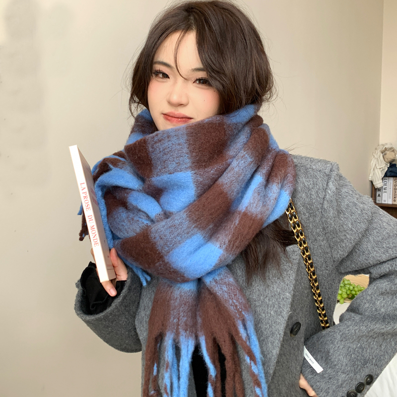 围巾女秋冬季2024新款学生两用款韩版百搭蓝色格子仿羊绒披肩围脖