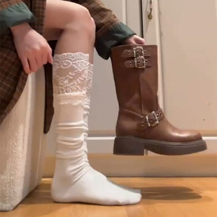 袜子女小腿袜显瘦蕾丝花边长靴袜jk长筒秋冬季 过膝袜白色中筒袜秋