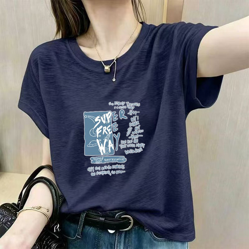 慵懒风韩版夏季新款竹节棉薄款短袖T恤宽松圆领印花百搭上衣打底