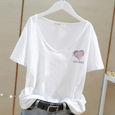 竹节棉白色v领正肩百搭短袖t恤