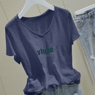 100%竹节棉2025年夏季新款欧货纯棉白色V领短袖宽松型显瘦百搭T恤