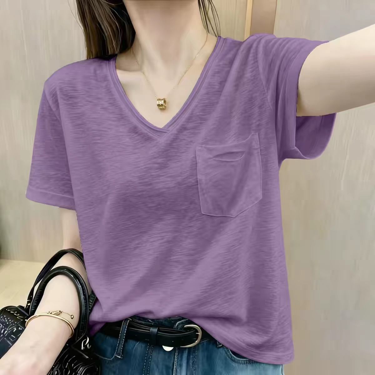 紫色V领短袖T恤宽松显瘦口袋上衣2026夏季竹节棉薄款简约百搭半袖
