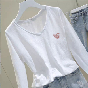 卷边V领百搭女装 宽松遮肉显瘦长袖 t恤 竹节棉薄款 心形印花早秋韩版