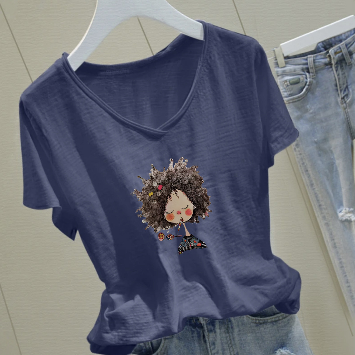 夏季白色竹节棉v领短袖t恤女款大码女装2025新款显瘦纯棉印花上衣