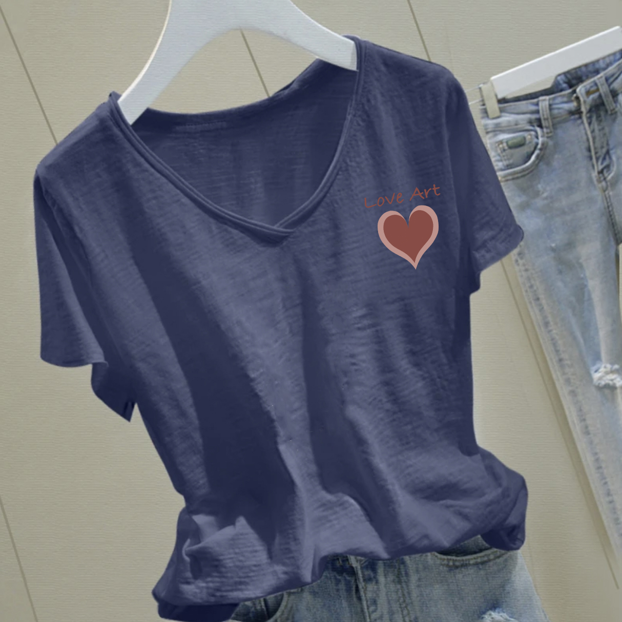 潮流夏季纯色竹节棉v领短袖t恤大码女装宽松显瘦纯棉心形印花上衣