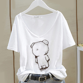 新款 纯棉短袖 t恤女韩版 2025夏季 宽松大码 舒适百搭印花v领上衣潮