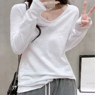 早秋新款韩版纯棉U领长袖竹节棉T恤女装宽松显瘦百搭套头上衣打底