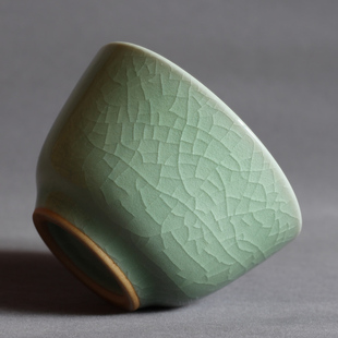 特价真品汝州豆绿汝瓷防摔小茶杯全手工功夫茶具汝窑开片单杯青瓷