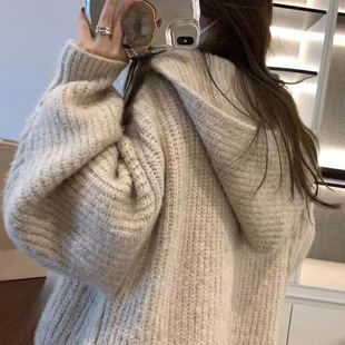 秋冬慵懒风加厚中长款毛衣大外套女装休闲显瘦连帽口袋针织开衫女