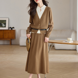 新中式国风旗袍立领针织连衣裙女秋冬高级感气质毛衣裙两件套装裙