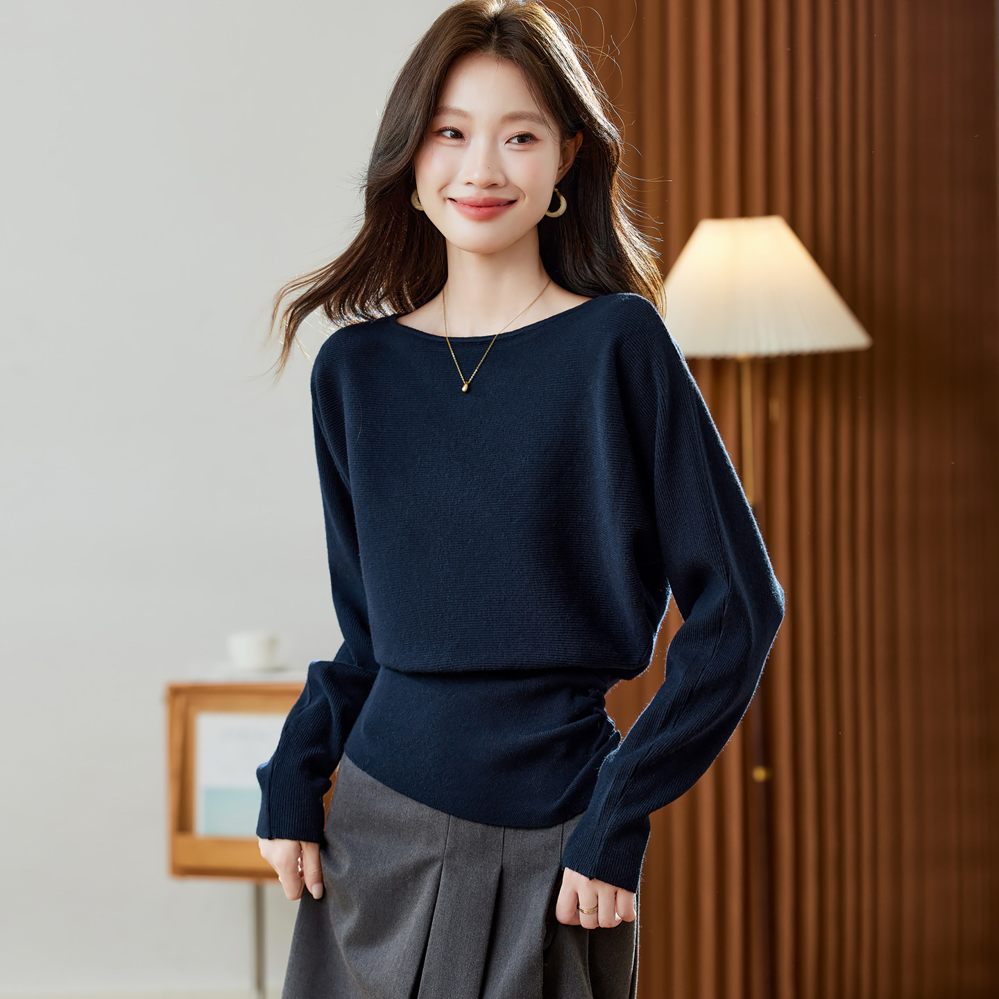 一字肩针织衫女长袖收腰显瘦气质高级感上衣秋冬季设计感斜肩毛衣