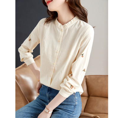 立领国风刺绣衬衫女2025春季新款洋气别致内搭小个子上衣气质衬衣