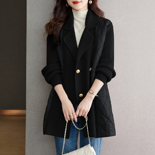 高级感黑色西装领外套女2025秋冬新款加厚中长款毛衣开衫棉服大衣