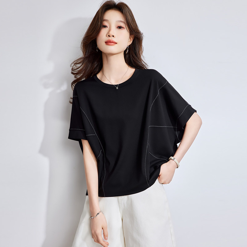 夏季微胖正肩黑色蝙蝠袖短袖t恤女2025新款遮肚子显瘦高级感上衣