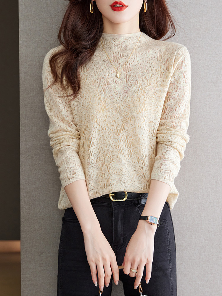 秋季2025新款半高领打底衫女长袖t恤洋气减龄上衣小个子蕾丝内搭