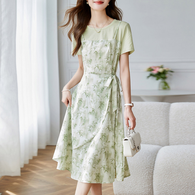 女装2025夏季新款碎花洋装女假两件气质收腰高级感小清新长裙子