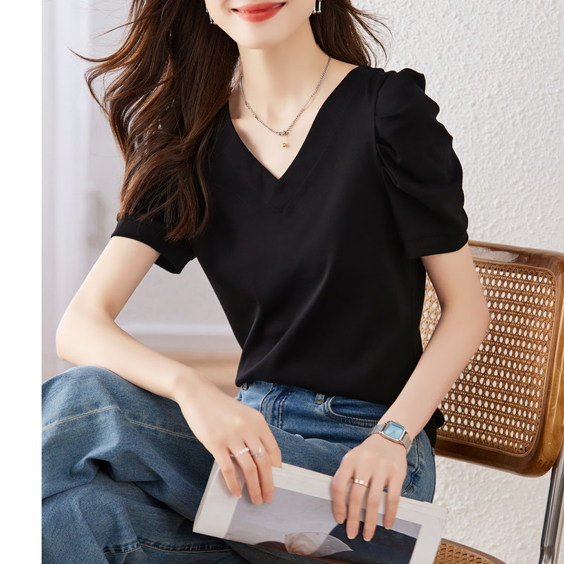黑色v领短袖t恤女2026新款夏季设计感小众纯棉体恤宽松泡泡袖上衣