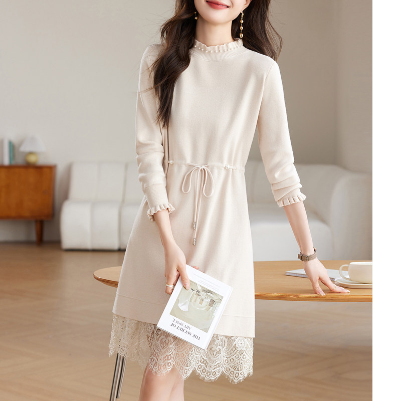 中长款毛衣裙女秋冬季2025新款气质收腰内搭打底衫蕾丝针织连衣裙